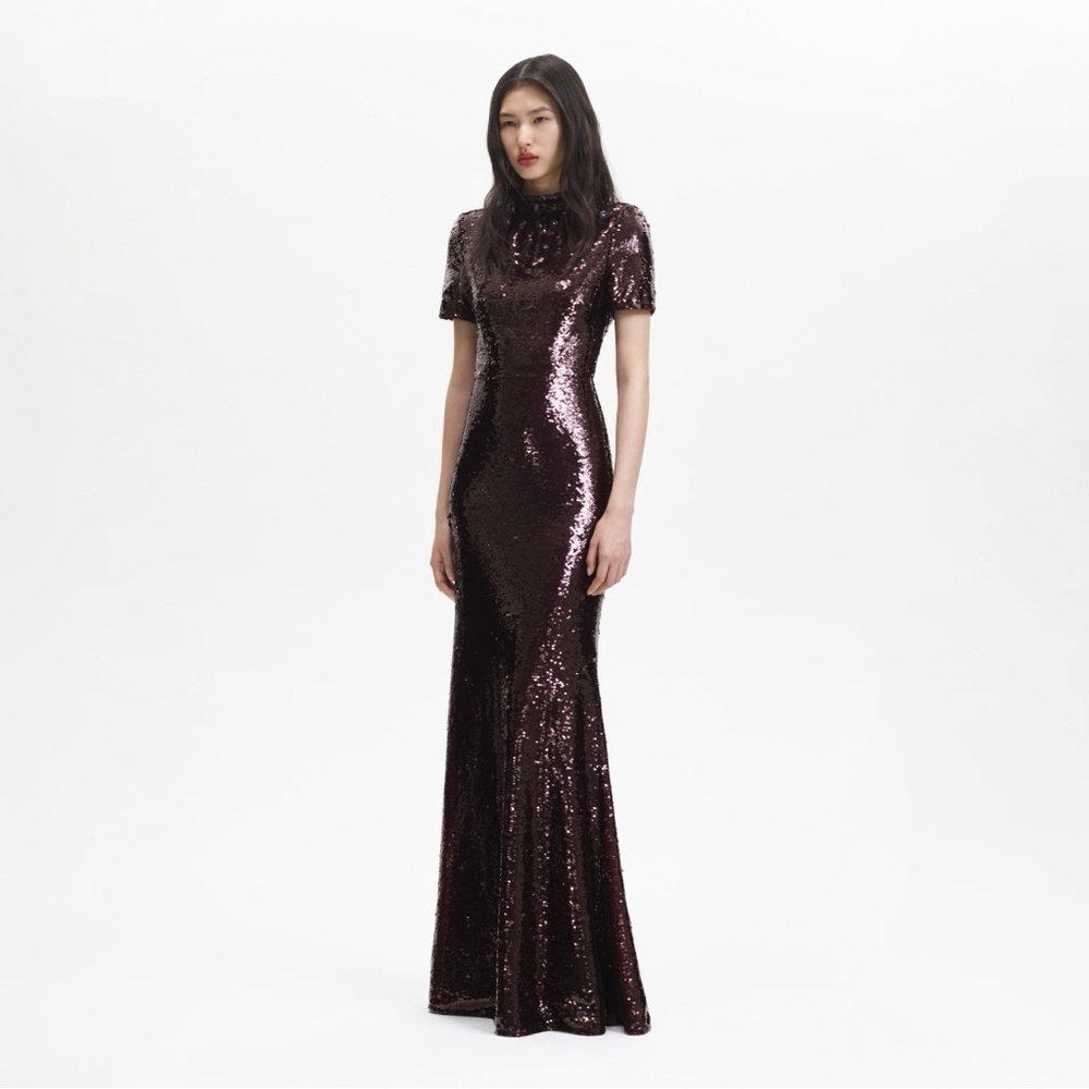 Self-Portrait Sequin Embellished Gown in Brown Short Sleeve Evening Maxi Dress 0 - Picture 2 of 10